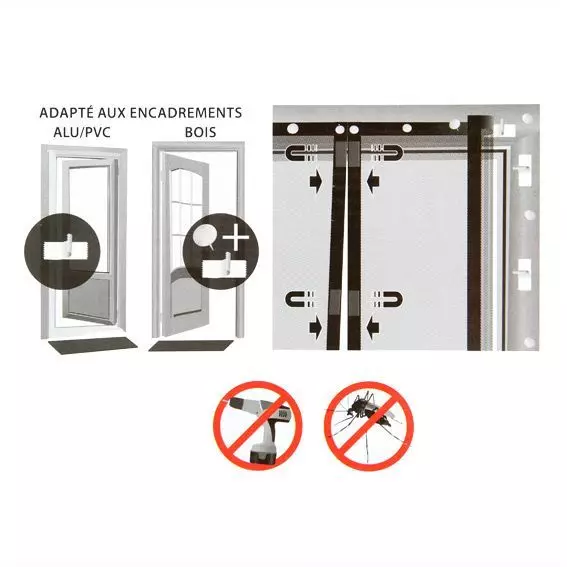 Rideau de porte Moustiquaire (100 x H220 cm) Aimanté Gris