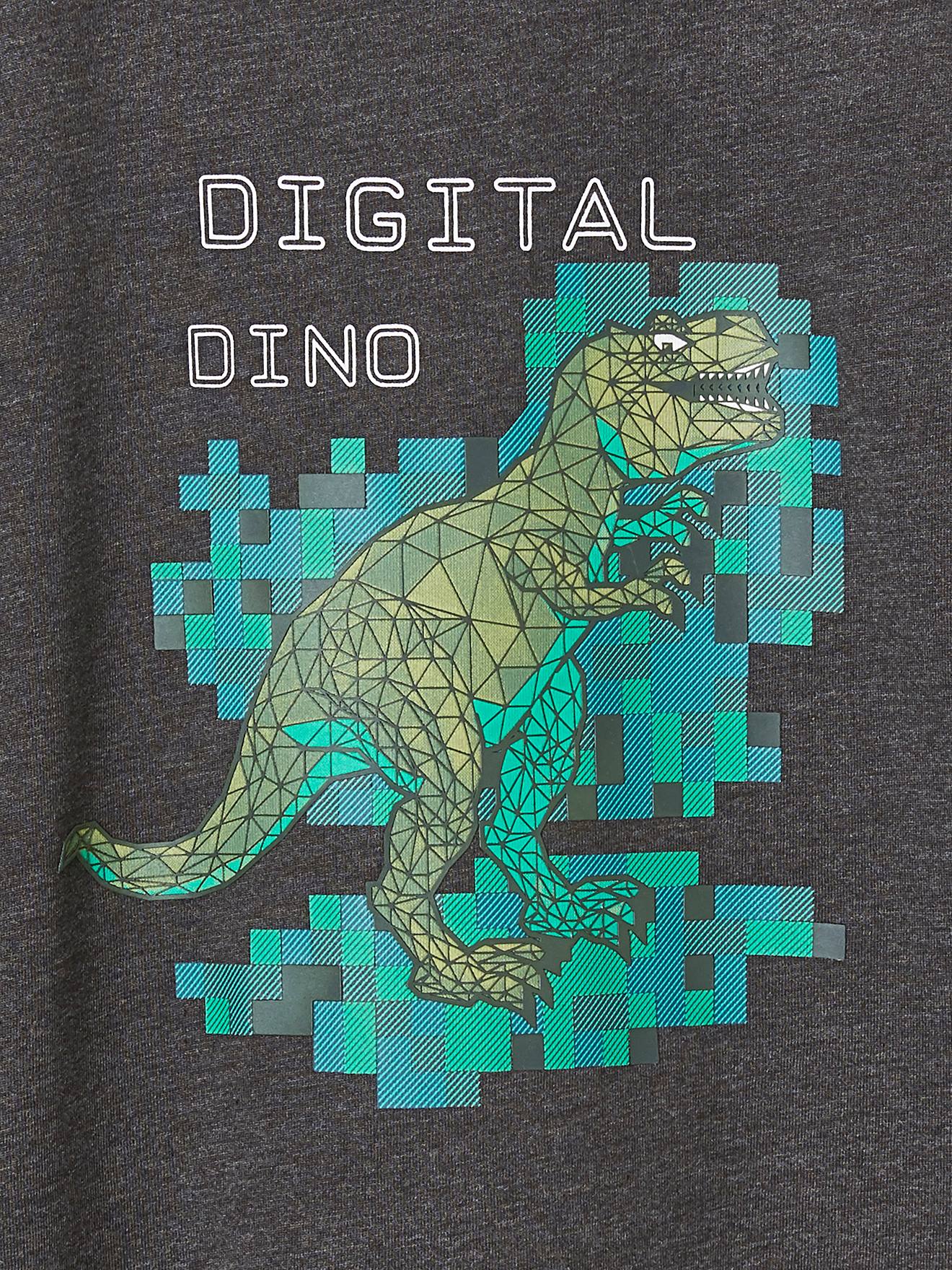 Camiseta infantil masculina com estampa de dinossauro em pixel art, cinza mesclado.