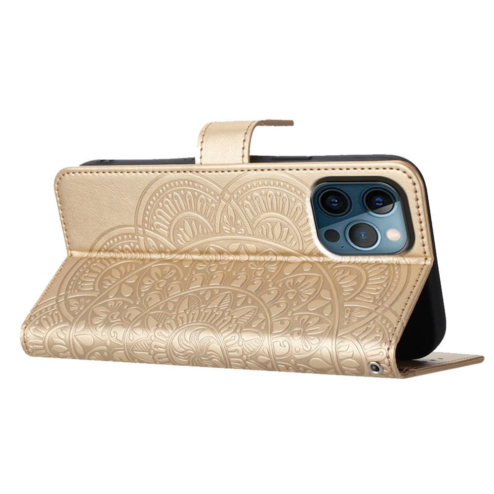 iPhone 16 Pro Leder Tasche Wallet - Mandala Flowers Imprint - Gold
