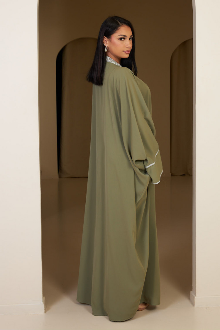 Abaya kaki à empiècement perle argenté