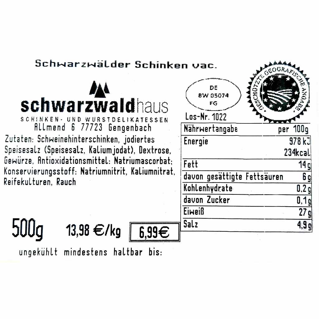 Schwarzwaldhaus Schwarzwälder Schinken 500g MHD:21.2.25