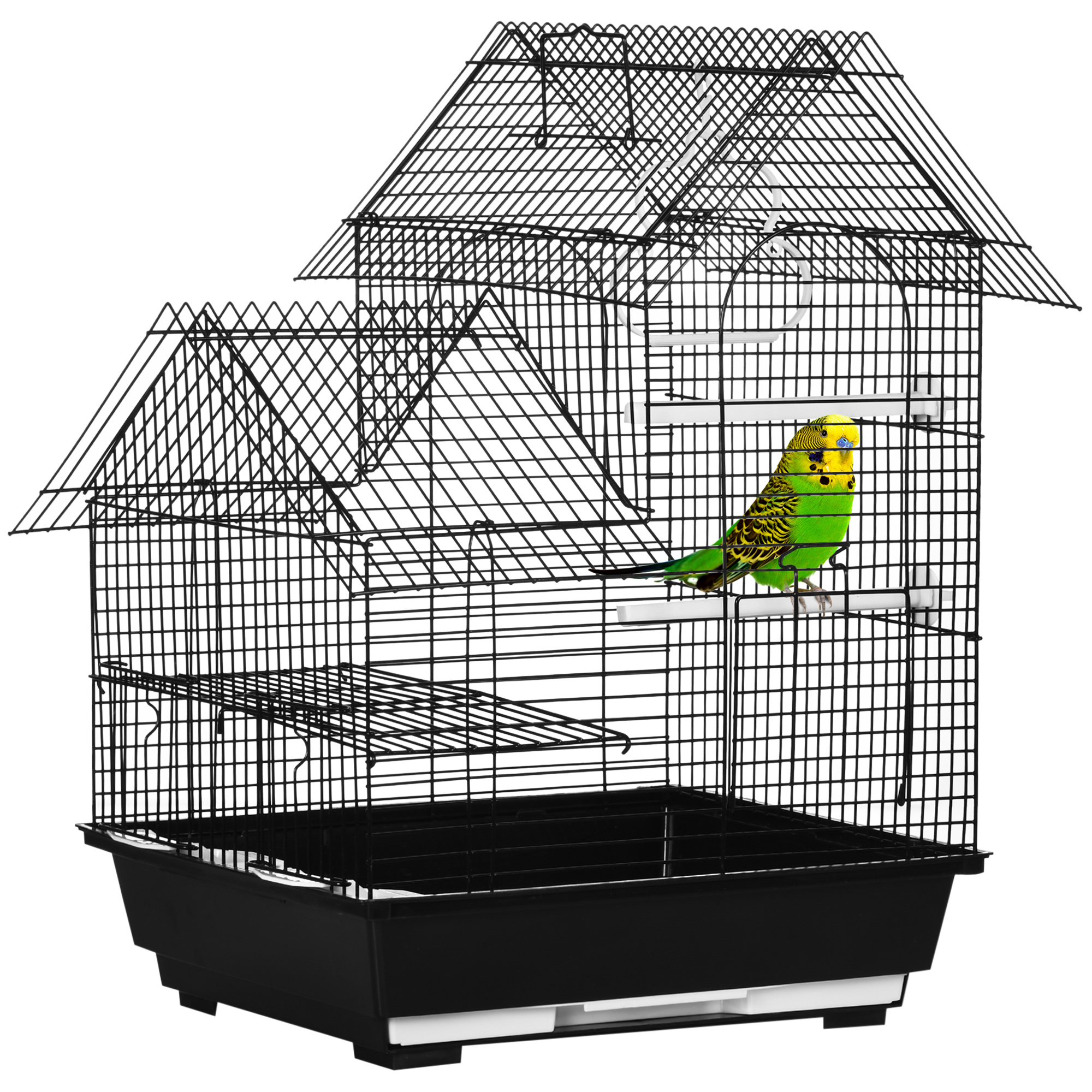 Gaiola para pássaros PawHut, 39x33x47 cm, em metal, com 3 portas, 2 comedouros, 2 poleiros, balanço, bandeja removível e alça para transporte, ideal para canários e periquitos. Cor: Preta.