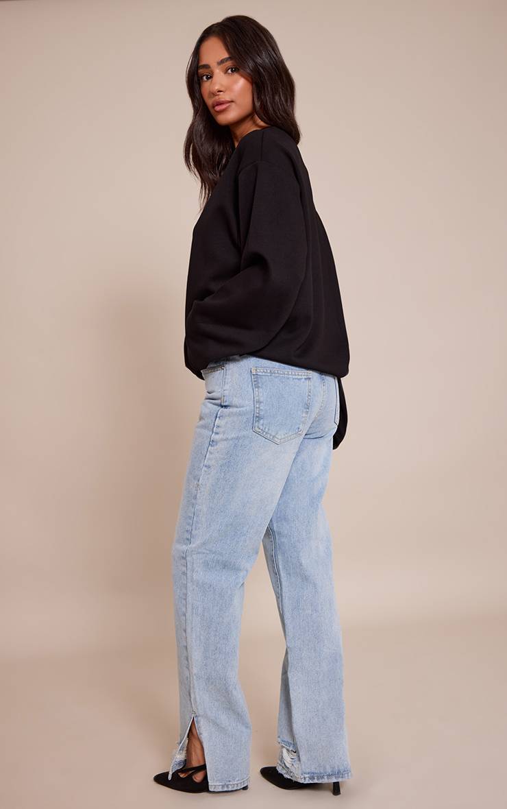 Light Blue Wash Jean Droit Petite Délavage Clair Effet Déchiré Ourlet Fendu