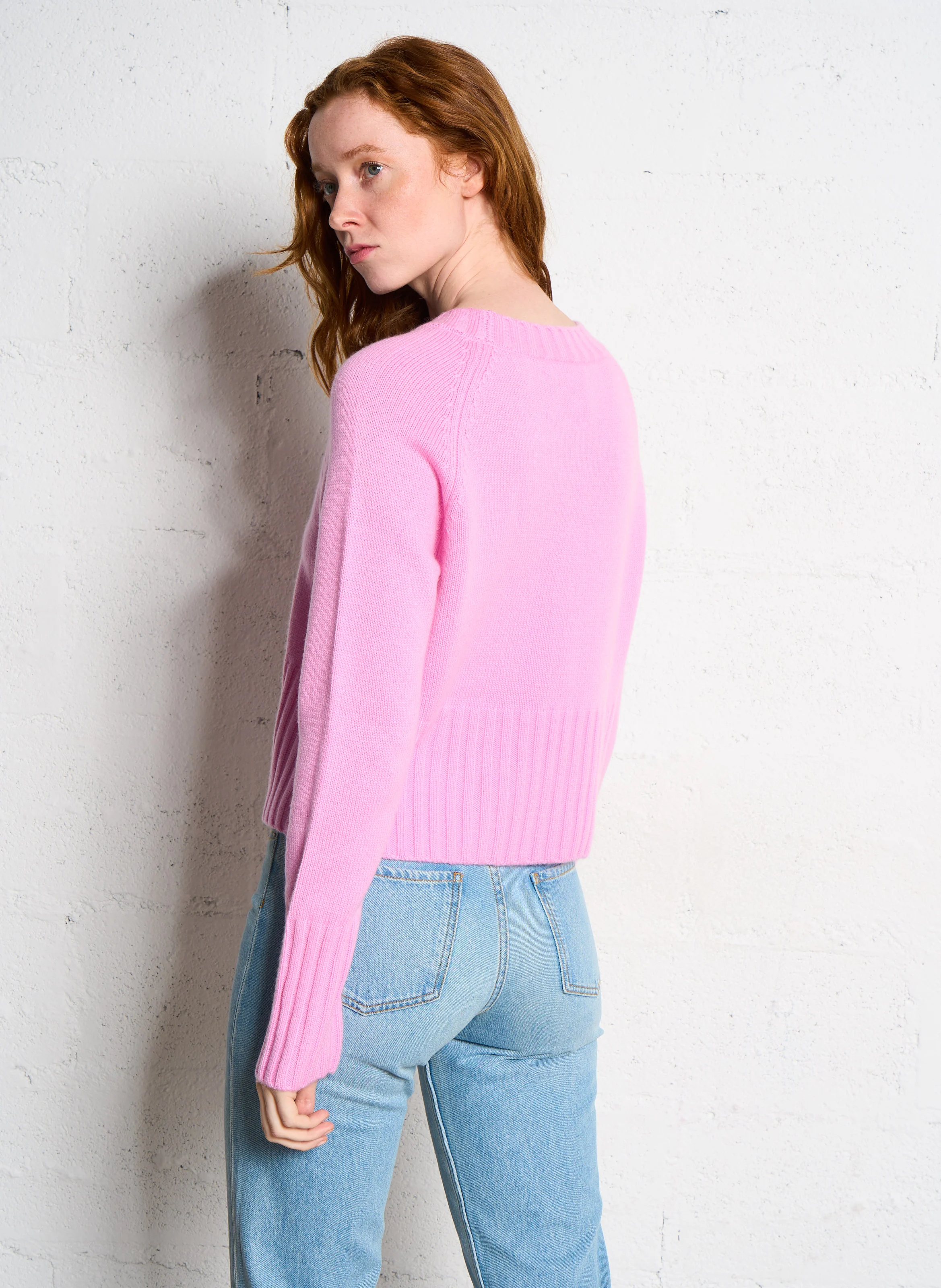 AMINI - Pull col rond en laine mélangée| Rose