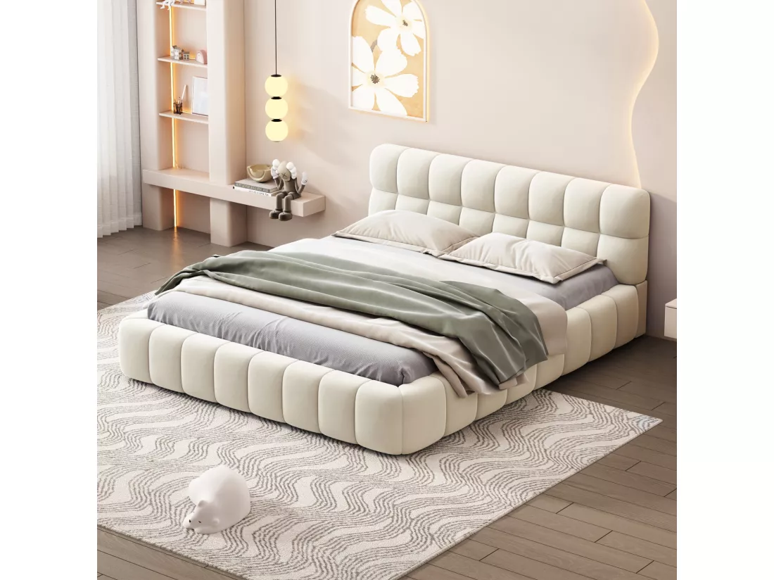 Lit adulte 160x200cm, lit double en lin avec dossier moelleux, Lit plat avec encadrement rembourré, sommier à lattes, tête de lit, beige (Prévente)