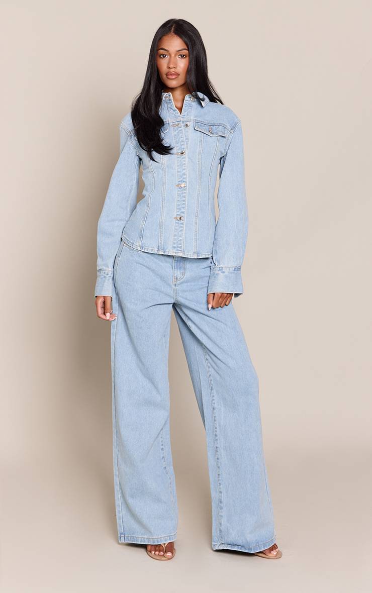 Light Blue Wash Chemise En Jean Cintrée À Manches Longues Tall