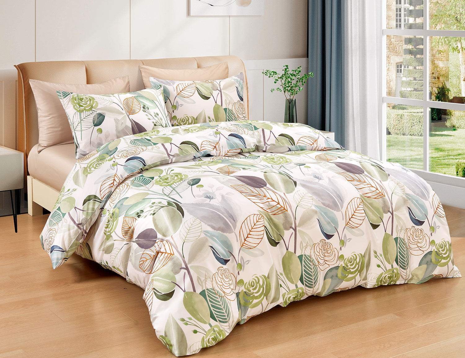 Bettwäsche mit kunstvollem Blumen- Blätterprint