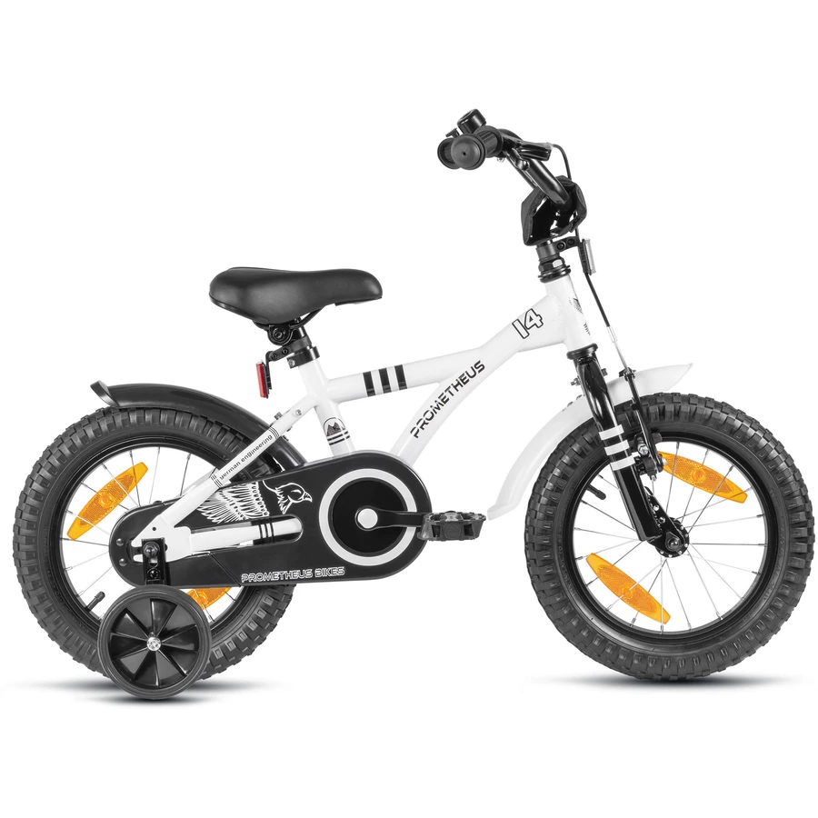 PROMETHEUS BICYCLES® Kinderfahrrad 14, Weiß-Schwarz mit Stützrädern