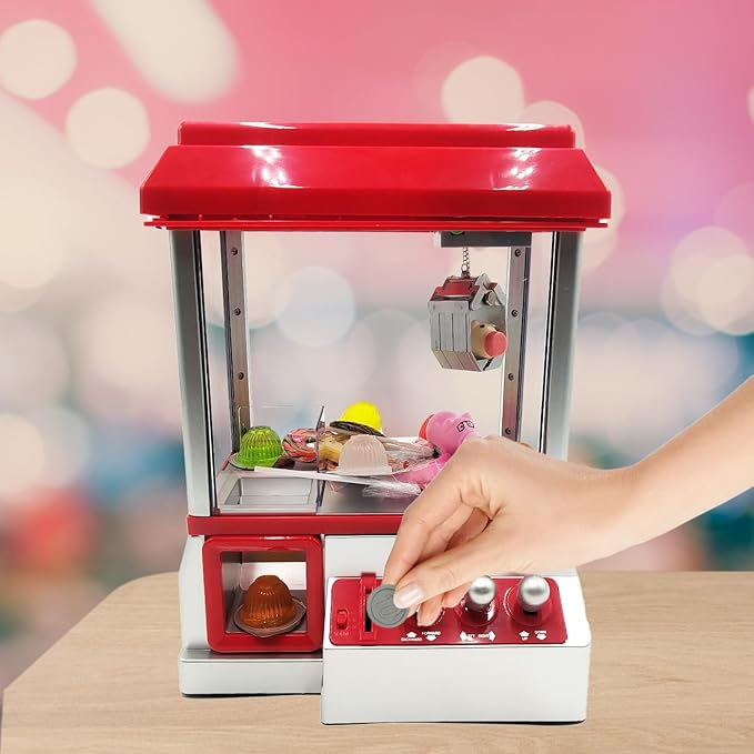 (30x22cm) Kinder Spielzeug Automat Süssigkeiten Greifer Candy Grabber Maschine zum Befüllen inkl. Spielmünzen (Batteriebetrieben) - Silber / Rot