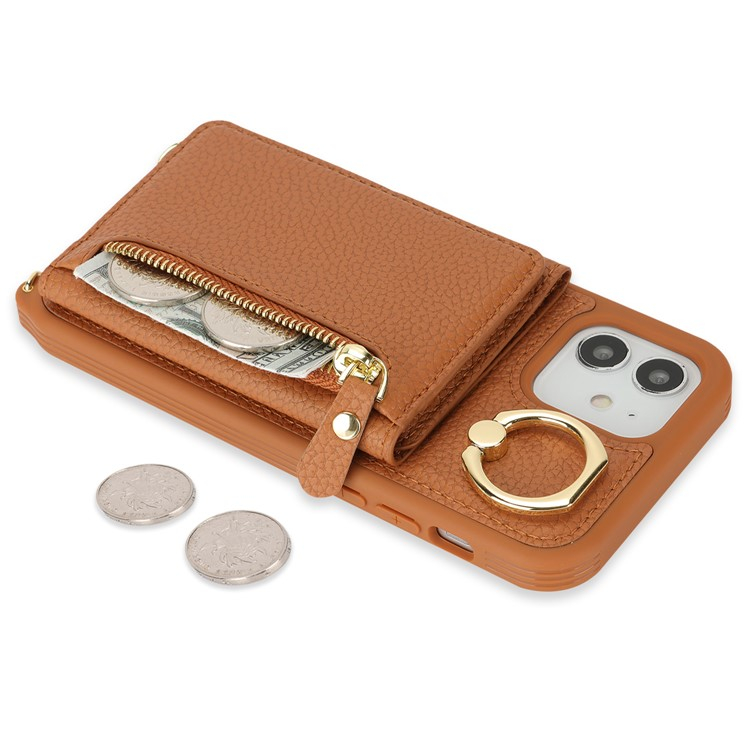 iPhone 12 / iPhone 12 Pro Necklace Leder Hülle mit Münzfach und Kartenfächer   Finger Griff Halterung   Handykette - Braun