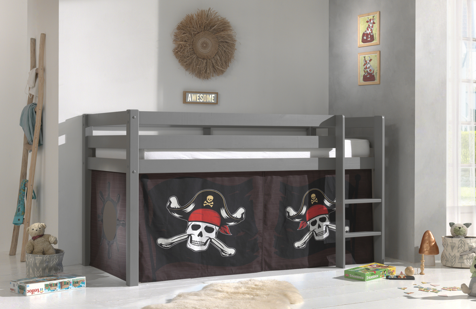 Halbhochbett PINO - CARIBIAN PIRATE - Kiefer grau Massivholz - 90x200 cm