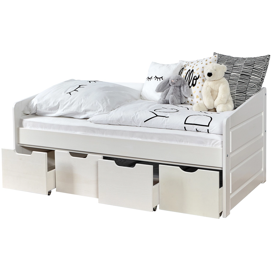 TiCAA Sofabett Mini Micki Buche weiß mit 4 Schubladen inkl. Matratze