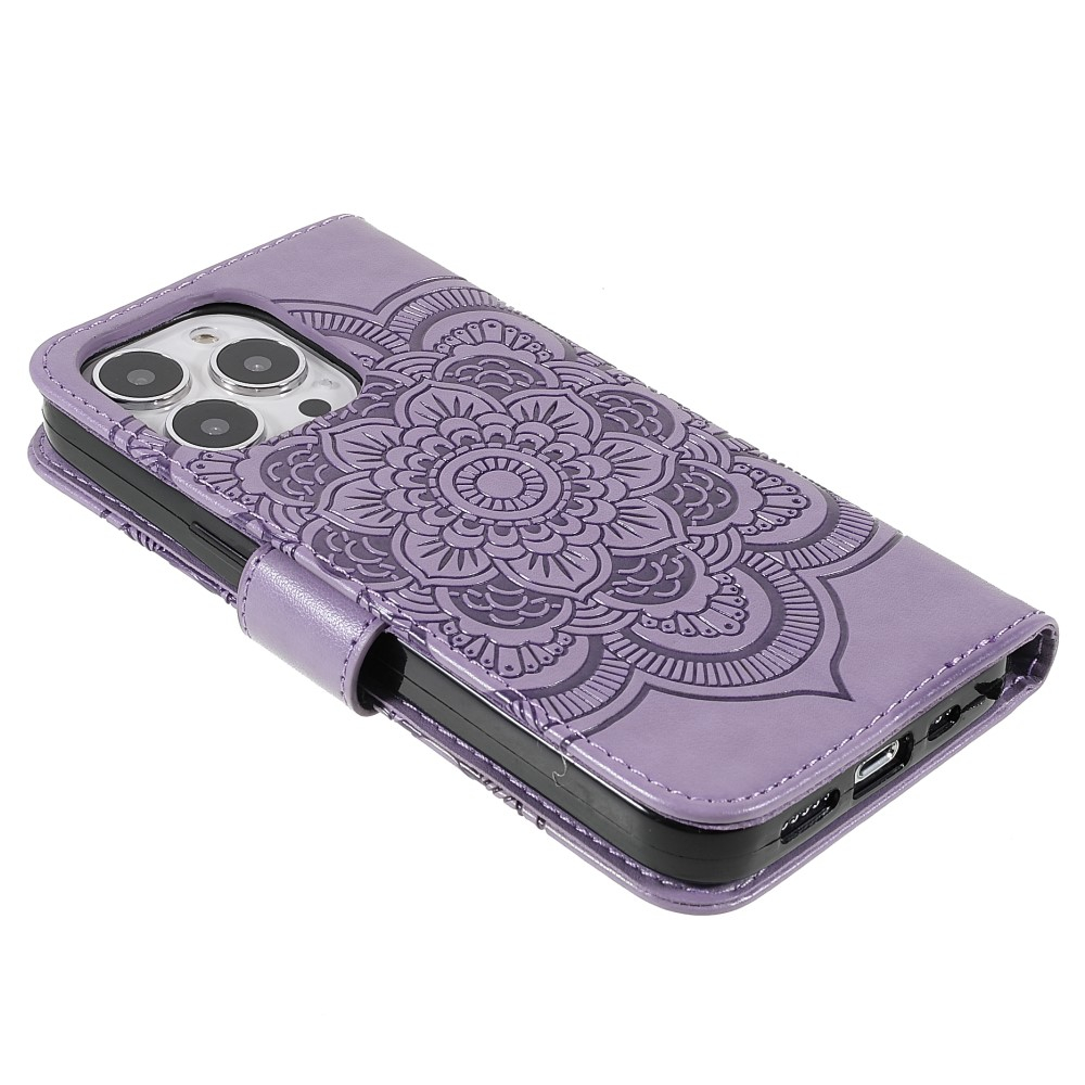 iPhone 13 Pro Leder Tasche Wallet - Mandala Flowers Imprint - Lila