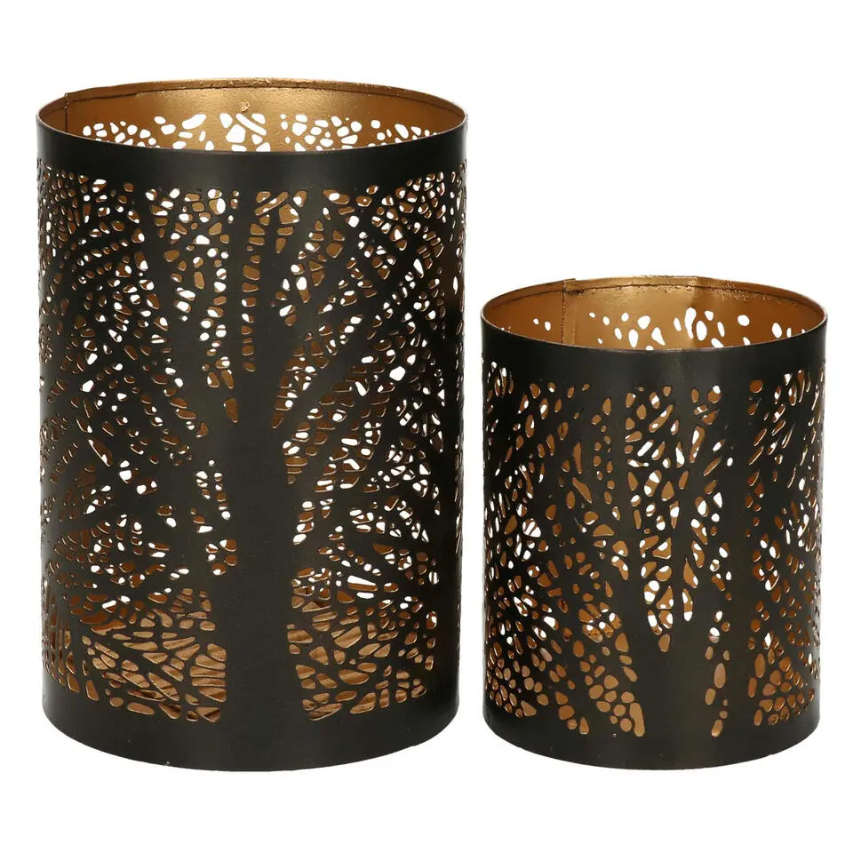 Windlicht set - 2x - zwart/goud - 10/15 cm - waxinelichthouder
