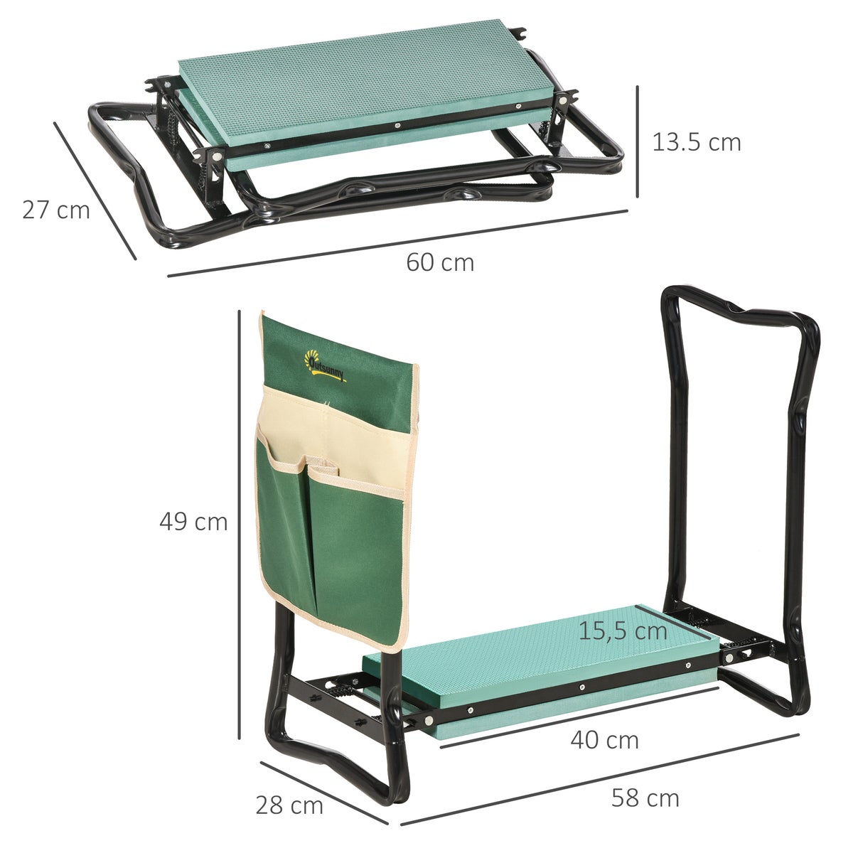 Outsunny Kniebank, Opvouwbare Tuinkruk, 2-in-1, met Gereedschapstas, 58 x 28 x 49 cm, EVA-schuim, Groen