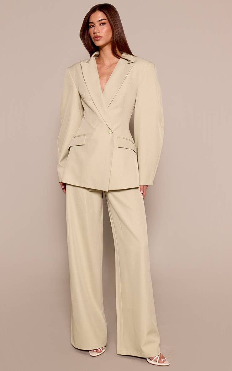 Vert Sauge Pantalon Tailleur Tissé Taille Haute