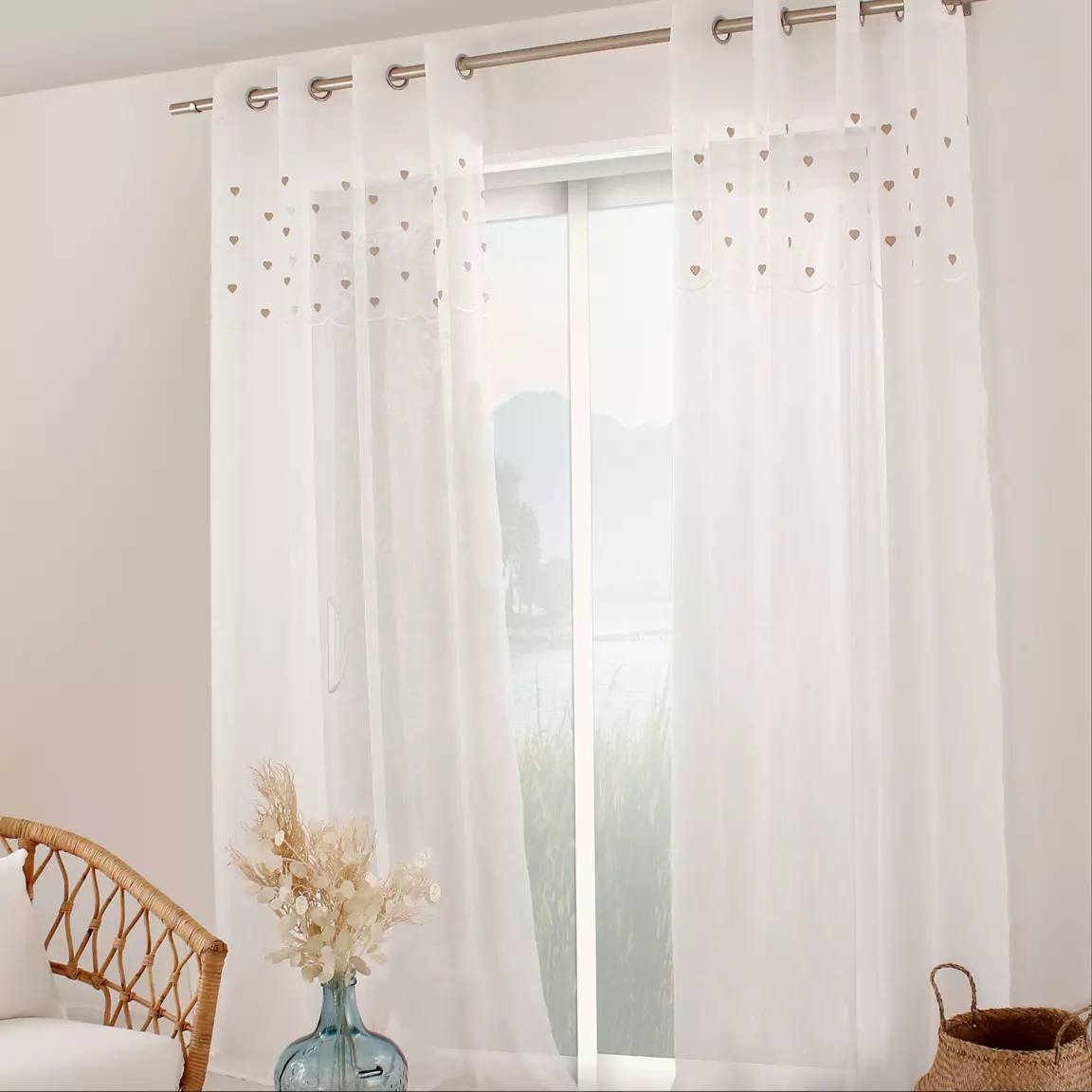 Voilage œillets (140 x 240 cm) Coeurs Beige