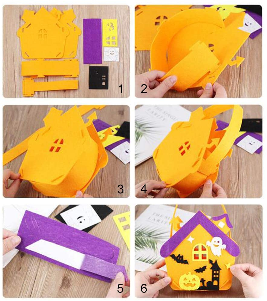 (6er Set) Halloween Bastelset Süssigkeiten Tasche Vliesstoff Geschenkbeutel - Eule / Fledermaus / Kürbis / Totenkopf / Haus