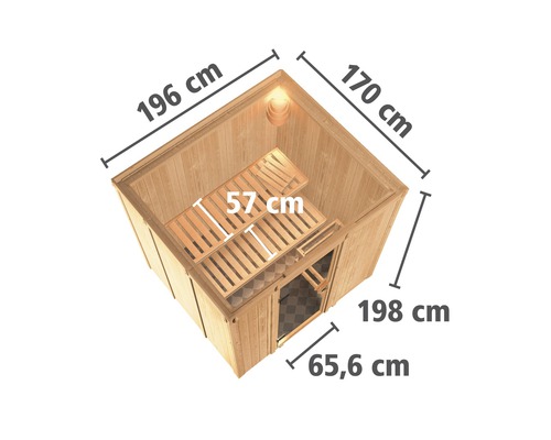 Plug & Play Sauna Karibu Maria zonder kachel, zonder dakrand, met grafietkleurige volledig glazen deur