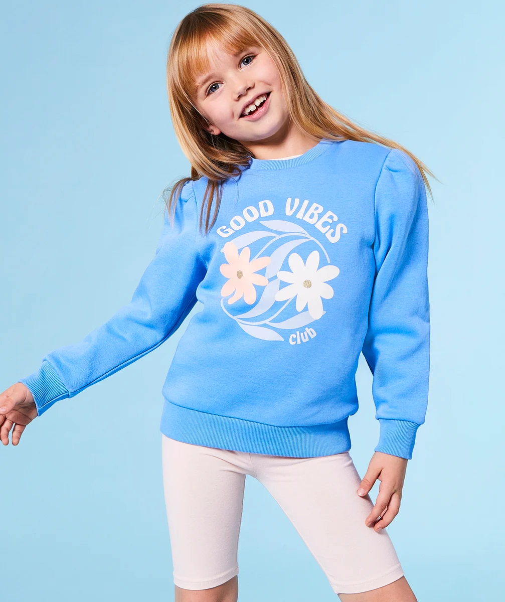 SWEAT FILLE EN FIBRES RECYCLÉES BLEU MOTIF THÈME GOOD VIBES