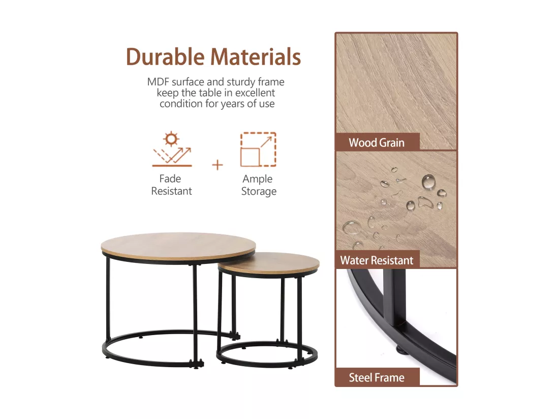 Lot de 2 tables basses gigognes, table d'appoint - bois MDF et pièds en métal - coloris chêne