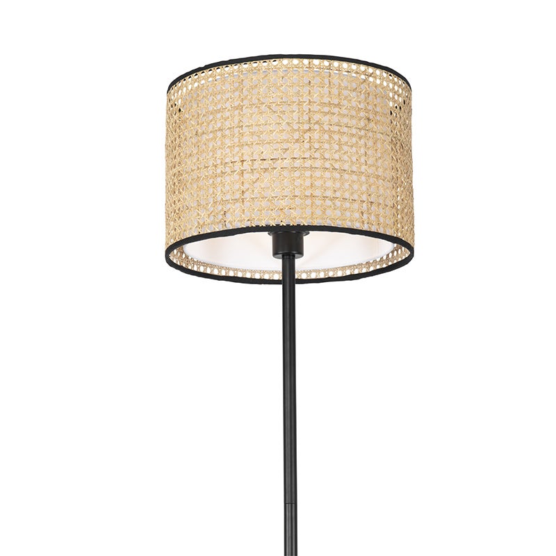 QAZQA - Country House I Vintage landelijke vloerlamp zwart met rotan kap - Kata I Woonkamer I Slaapkamer - Langwerpig - LED-compatibel E27