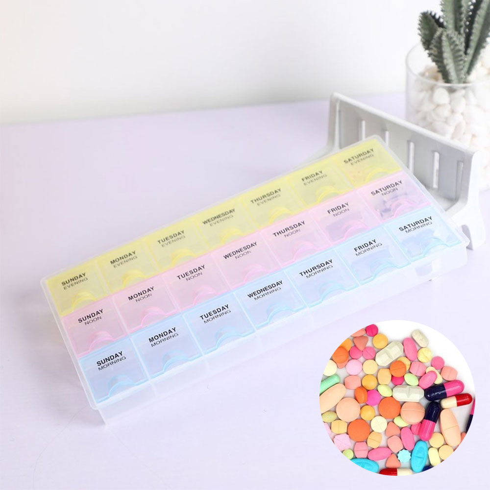 (215x122mm) Medikamenten Dosierer 7 Tage Dosett Tablettenbox Supplements Pillendose -  Rosa / Gelb / Blau