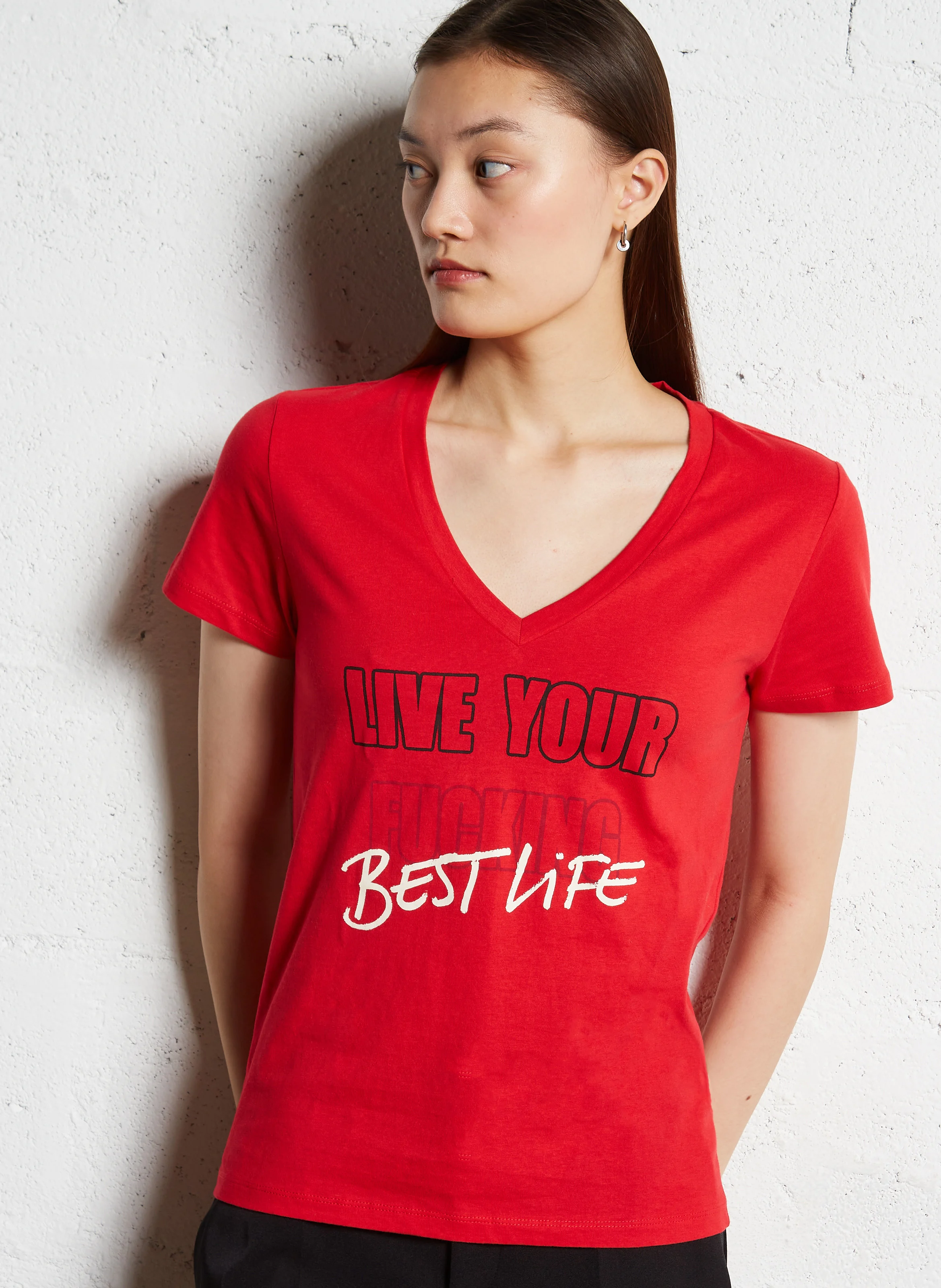 Tee-shirt droit col V en coton | Rouge