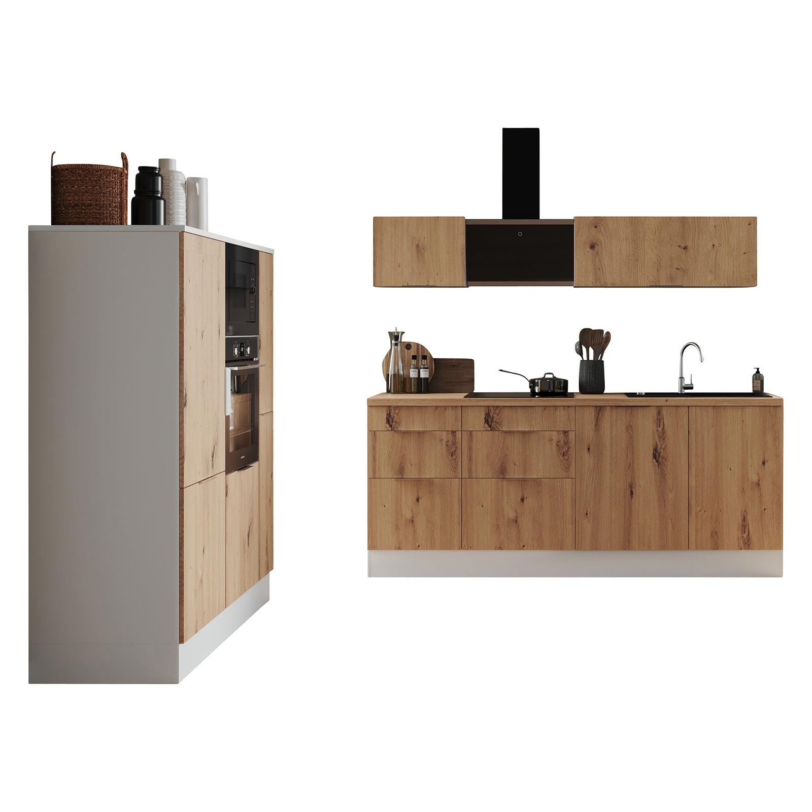 RESPEKTA Küchenblock - weiß matt - Artisan Eiche - mit E-Geräten - 370 cm