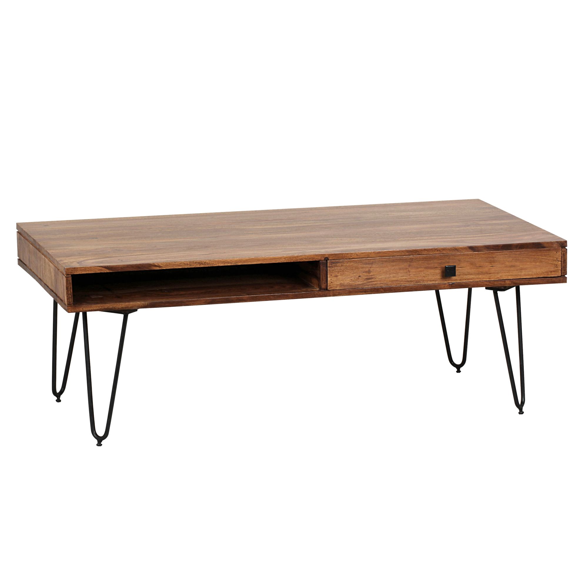 KADIMA DESIGN Couchtisch BALU mit Schubfächern: 120x60x43 cm, Sheesham Massivholz, Metallfüße, leichter Aufbau