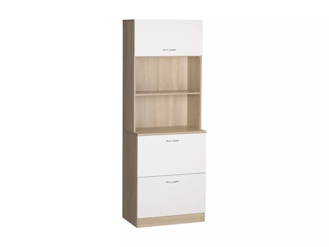 Buffet haut - armoire de cuisine - 2 tiroirs coulissants, placard haut porte relevable, niche, plateau - aspect bois clair blanc