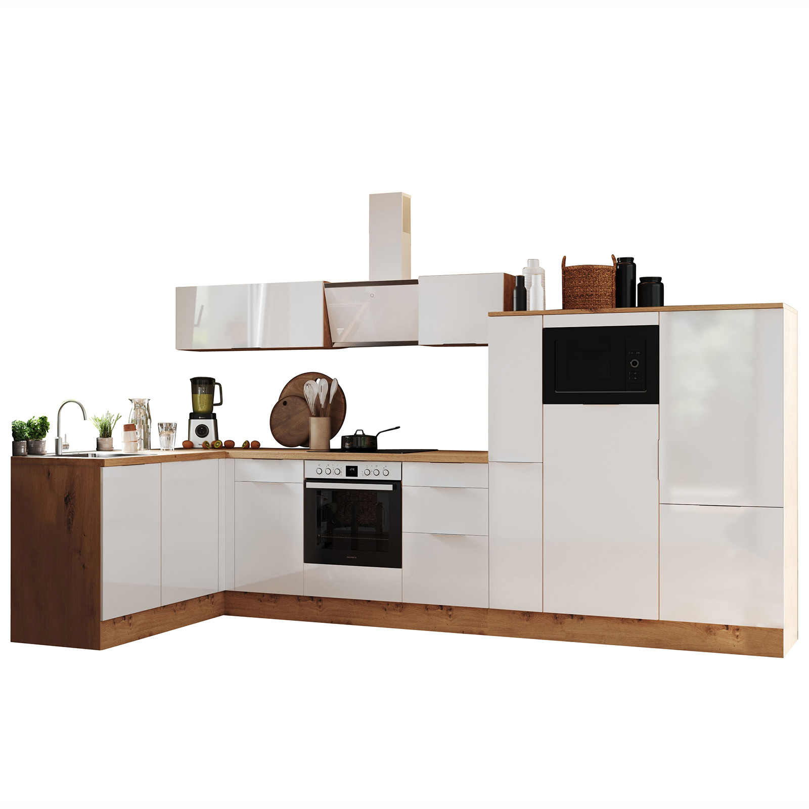 RESPEKTA Winkelküche - weiß Hochglanz - Artisan Eiche - mit E-Geräten - 370x175 cm