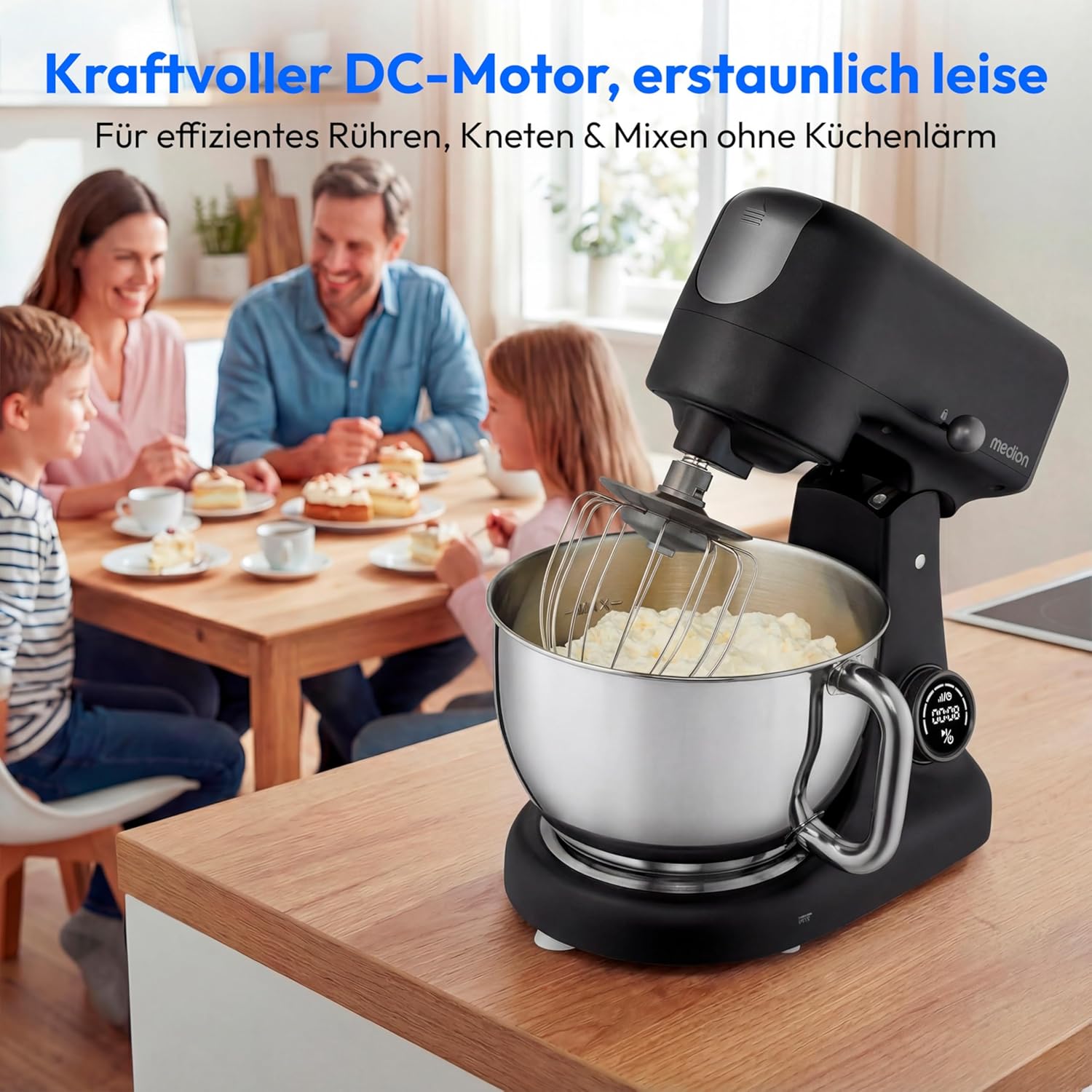 MEDION Küchenmaschine (Fleischwolf, 4,6 L Edelstahlschüssel, leiser Gleichstrommotor, 800 Watt, Reiben Raspeln Schneiden, Digitales Sensor Touch Display, Knetmaschine, Teigmaschine, MD12600) schwarz