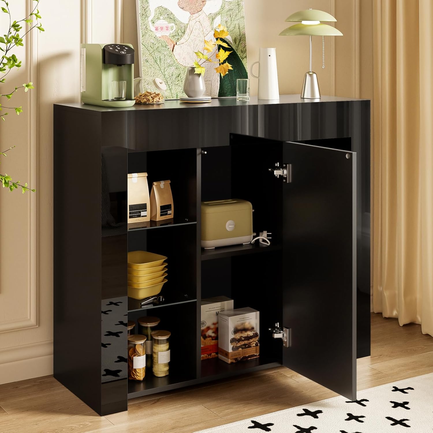 Sideboard mit Türen, Küchenschrank mit Glasböden und Trennwände, Modernes Kommode mit Stauraum, für Küche, Wohnzimmer & Esszimmer, Griffloses Design, 95x35x83cm, Schwarz