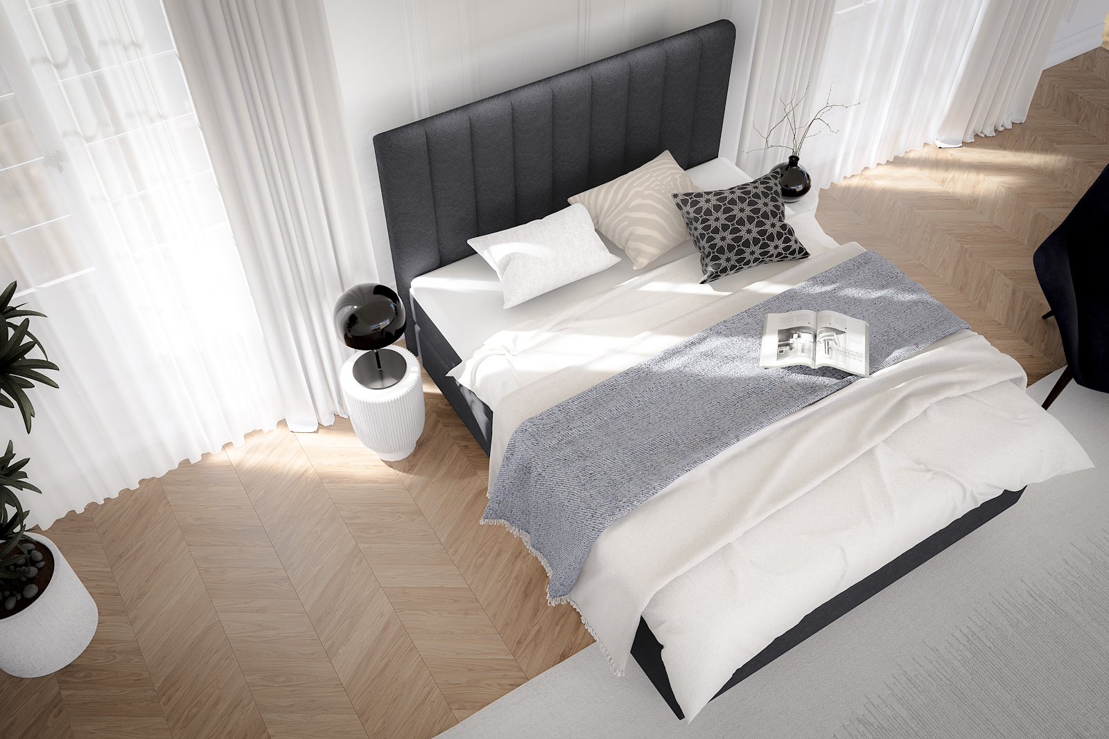 Premium 14 kontinentalseng 180x200 cm i tekstil Bris 169 sort med fast/fast fasthet, Premium 14 overmadrass og runde sorte ben 15 cm