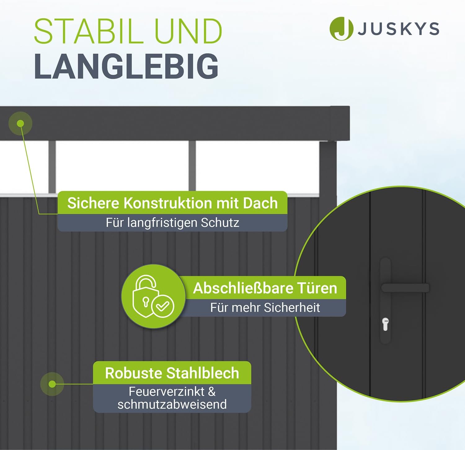 Juskys Gerätehaus Luzern XL - 12 m² - Metall Geräteschuppen mit Türen & Fenstern - wetterfest & abschließbar - Fahrradgarage, Gartenhaus - Anthrazit