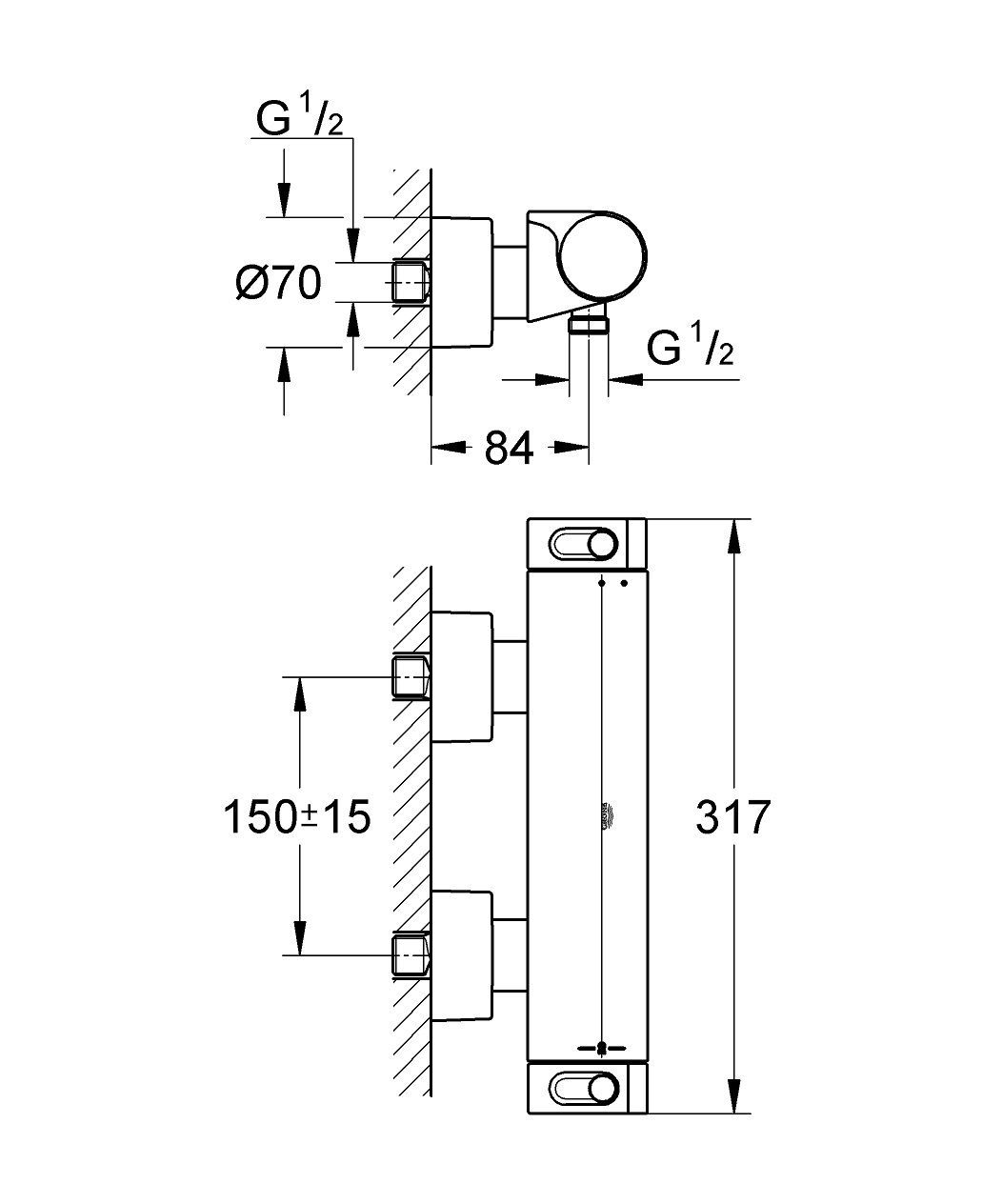 Grohe Grohtherm-2000 douchekraan thermostatisch m. koppelingen HOH=15cm chroom