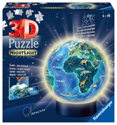 Ravensburger 3D Puslespill Globus Dyr, Nattlampe 72 Brikker