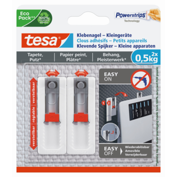 Tesa klevende spijker kleine apparaten voor behang en pleisterwerk verstelbaar wit 0,5 kg 2 stuks