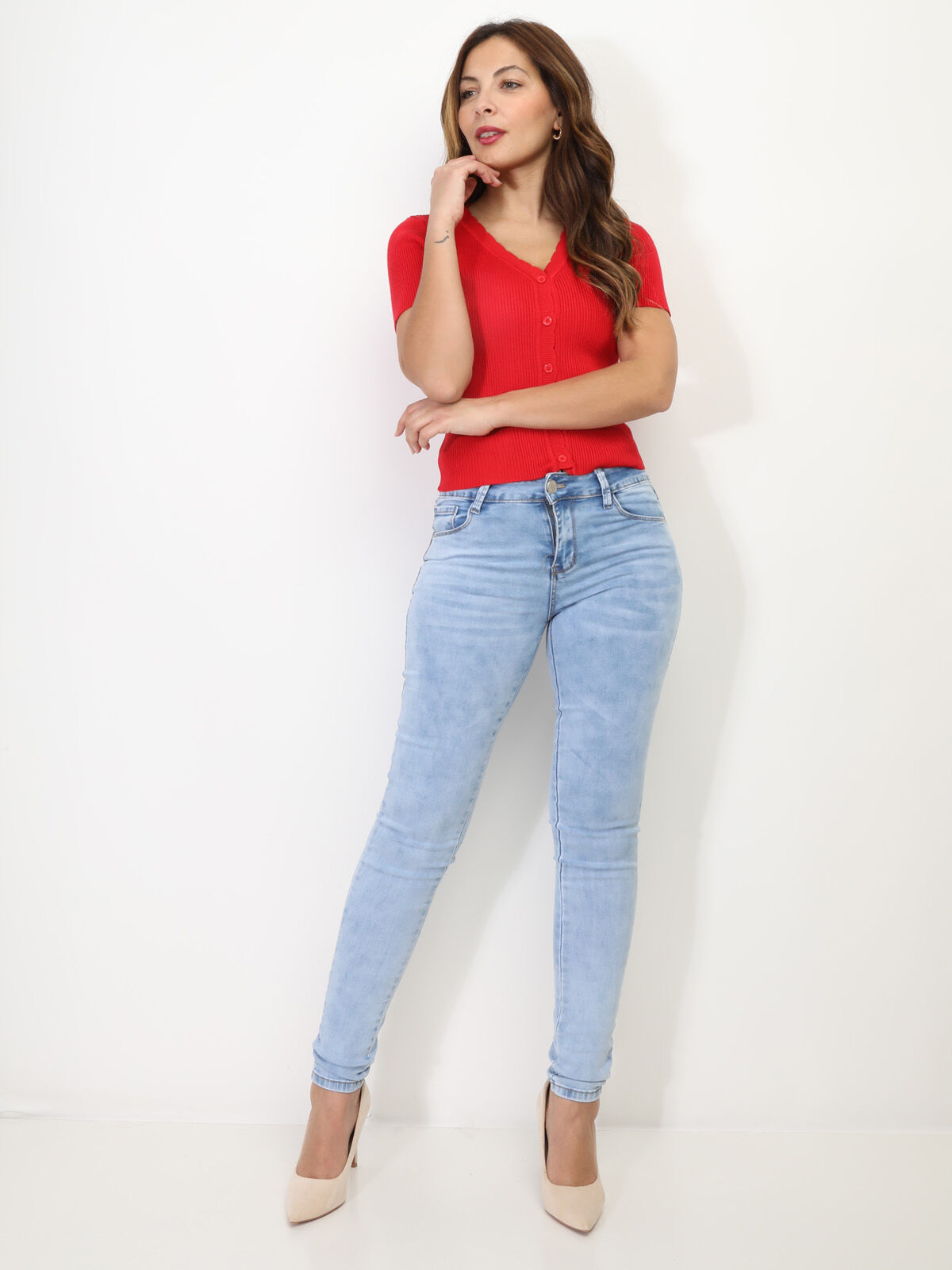 Top en maille côtelée style cardigan- Rouge