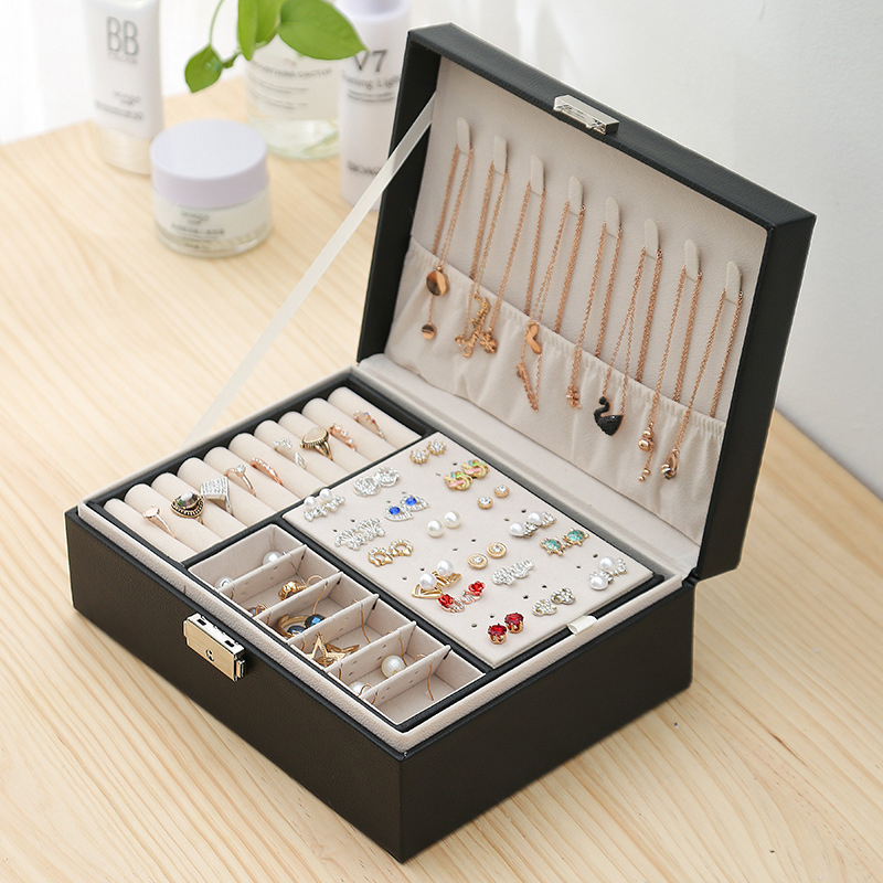 Leder Schmuckschatulle mit Schloss Aufbewahrungsbox Organizer für Ringe / Halskette / Ohrringe / Armbänder - Ivory / Weiss