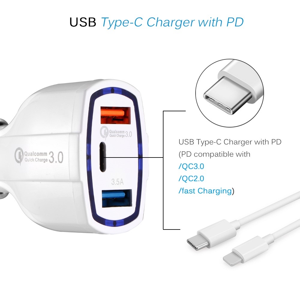 Mini Dual USB   USB C Fast Charging Auto KFZ Ladegerät mit QC 3.0 (35W) - Weiss