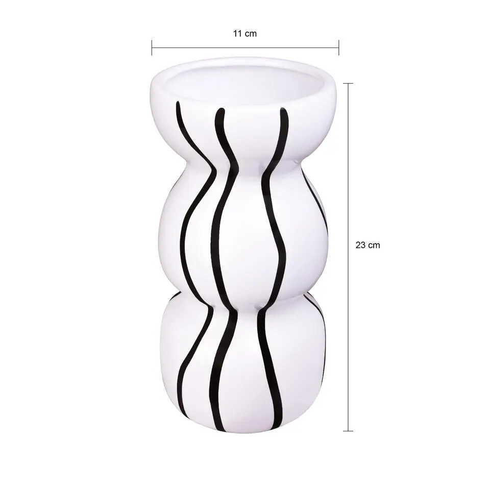 QUVIO Vaas zwarte strepen - Zandloper vorm - Keramiek - ø23x11cm - Wit