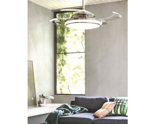 Fanaway Evo 1 LED plafondventilator, Ø 121 cm, chroom/geborsteld, met afstandsbediening, uitklapbare bladen, kleurveranderingsfunctie (zomer en winter) en LED-lichtbron