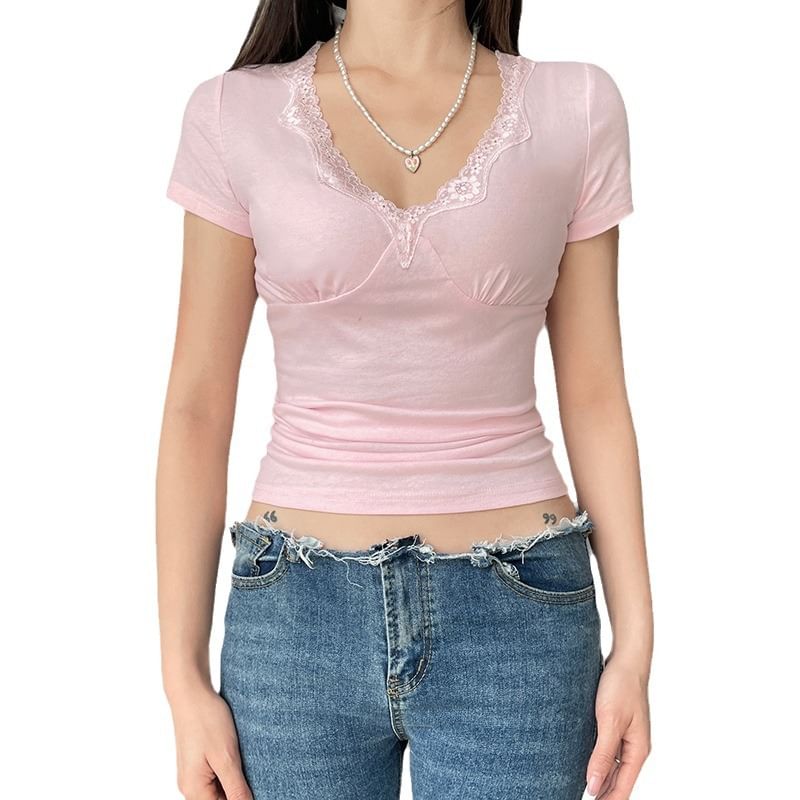 Puffie - T-shirt met korte mouwen, V-hals en effen kant