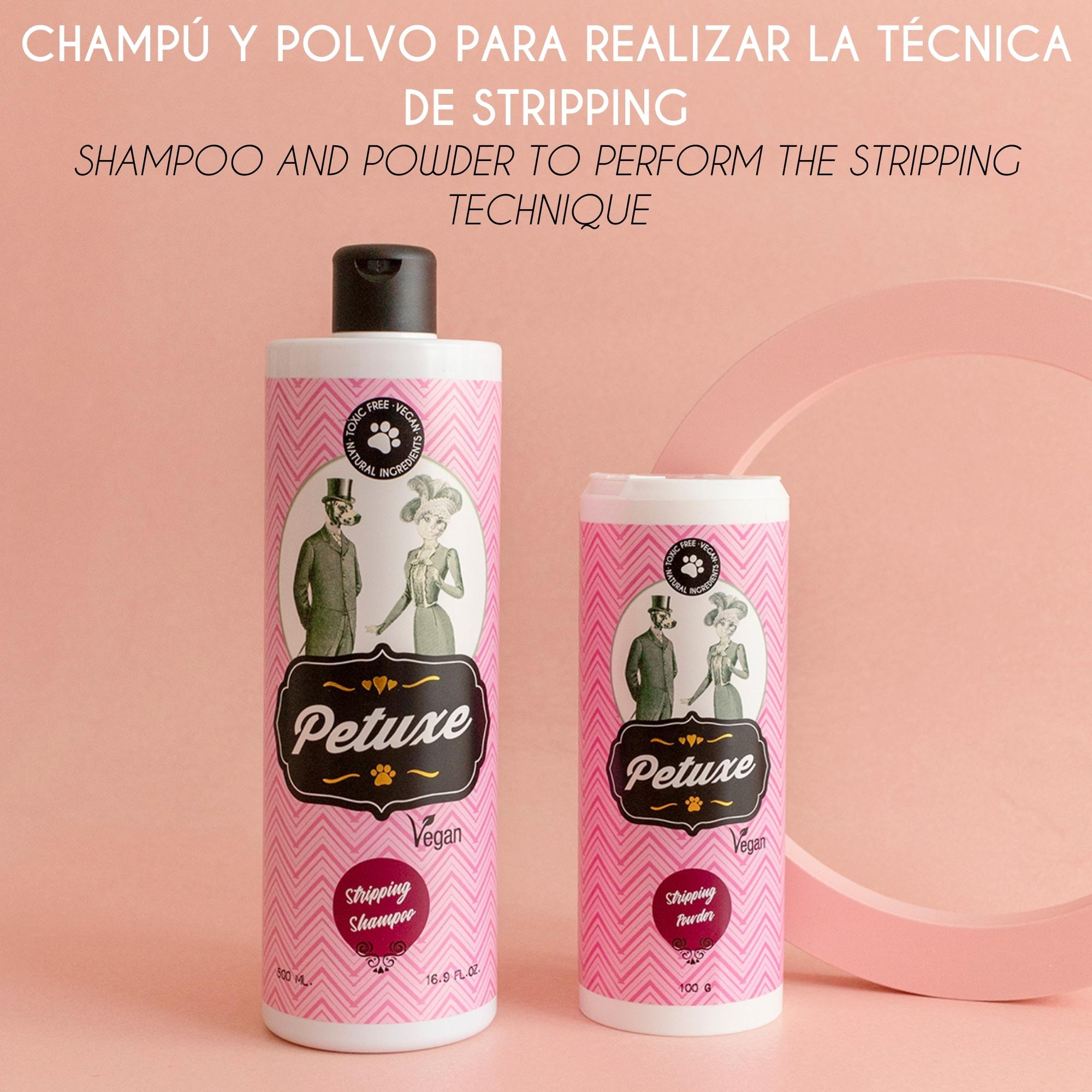 Shampoo Petuxe para animais de estimação, com ação removedora de pelos. Especialmente indicado para cães de pelo duro.