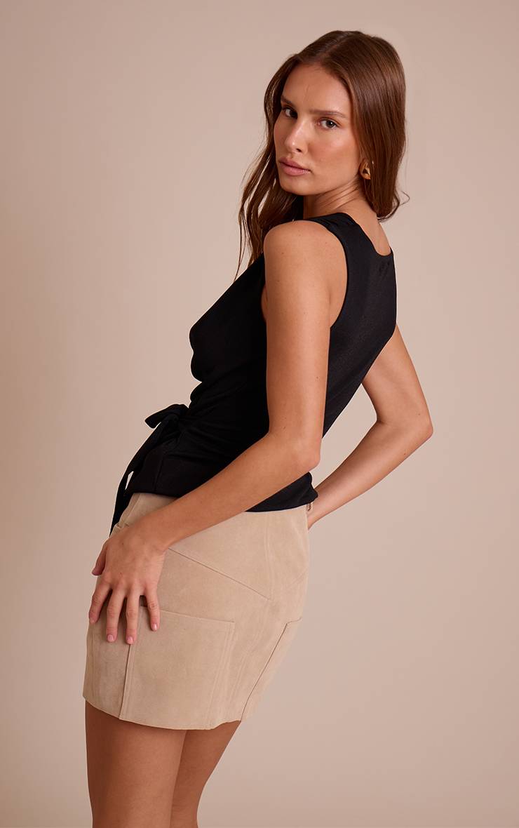 Noir Haut Long Beige En Mesh Dévoré Avec Col Bénitier Et Détail Ceinture Nouée À La Taille