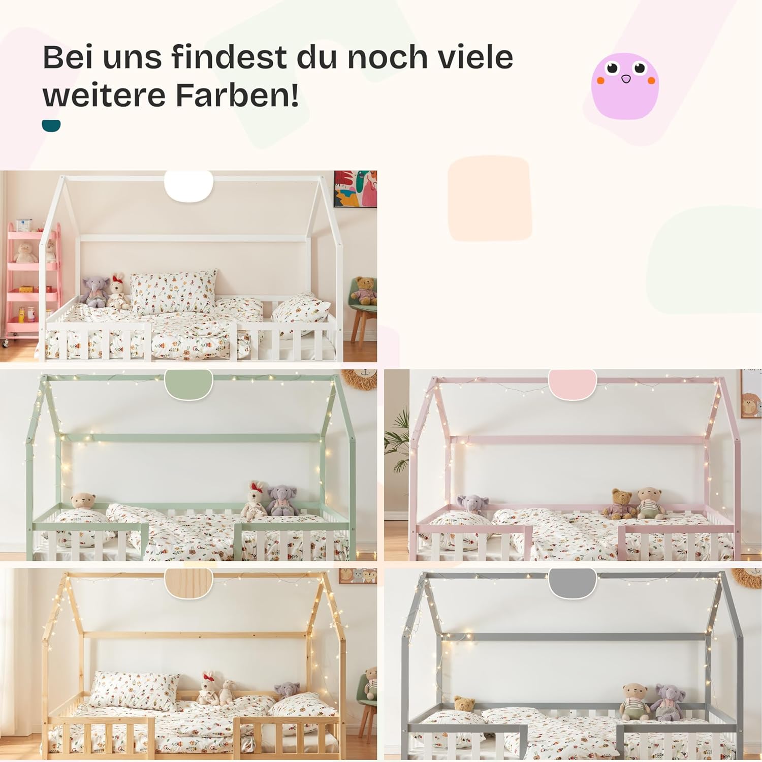 [en.casa] Kinderbett Hesel Hausbett Grau 90 x 200 cm mit Rausfallschutz und Lattenrost Montessori Bodenbett Jugendbett Holzbett