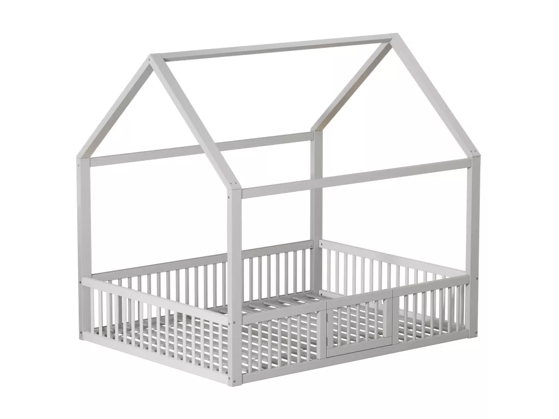 Lit cabane pour enfant ou bébé - 140 x 200 cm - barrières et porte - sommier à lattes inclus - bois blanc