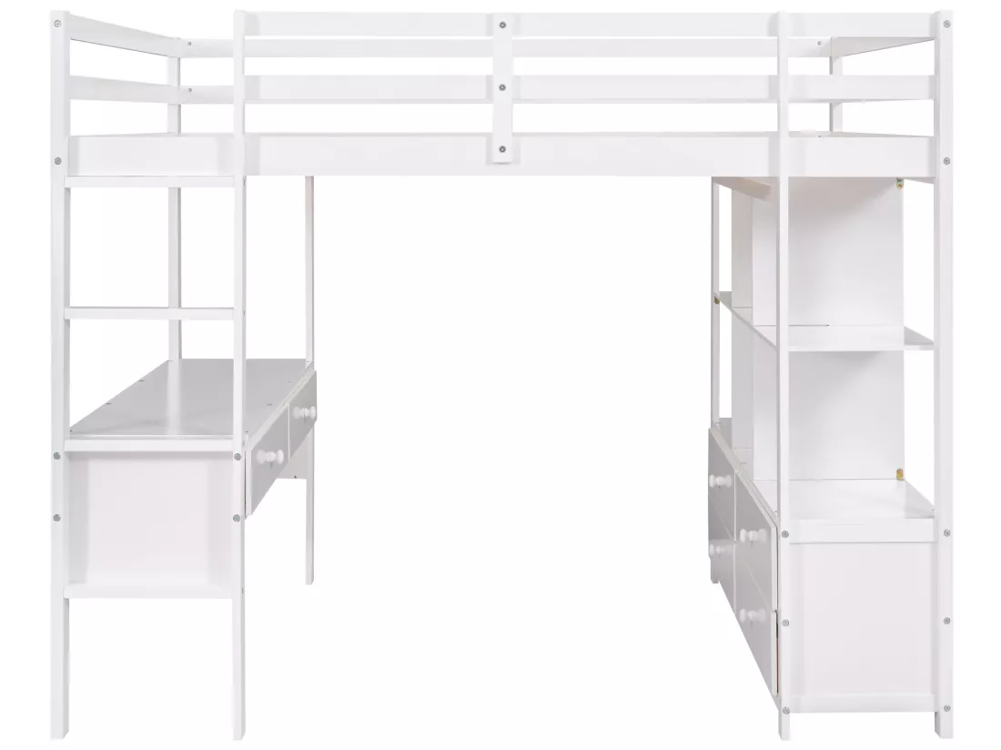 Lit mezzanine 140 x 200 cm pour enfant - bureau et tiroirs - pin - blanc